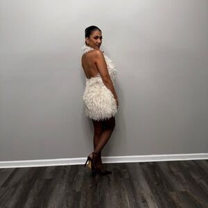 Fashion Nova Feathered Fantasy Backless Mini Dress in Cream